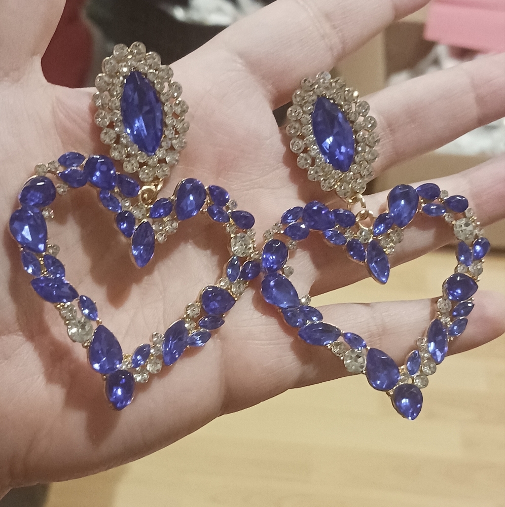 Big Blue Rhinestone Heart Earrings